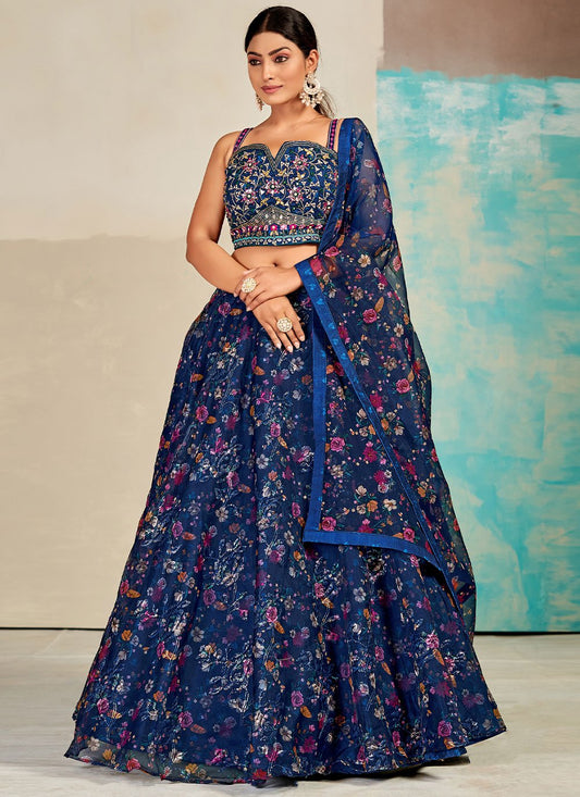 Lehenga Choli Organza Blue Digital Print Lehenga Choli