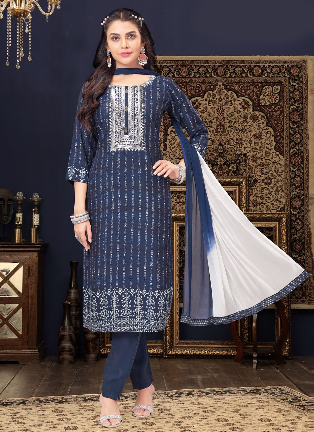 Salwar Suit Silk Blue Embroidered Salwar Kameez