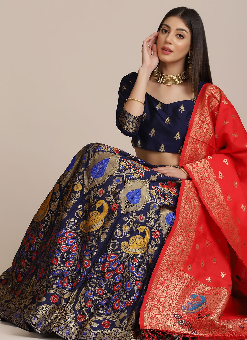 Lehenga Choli Jacquard Blue Woven Lehenga Choli