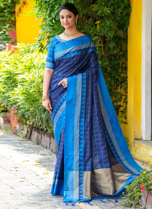 Contemporary Raw Silk Blue Woven Saree