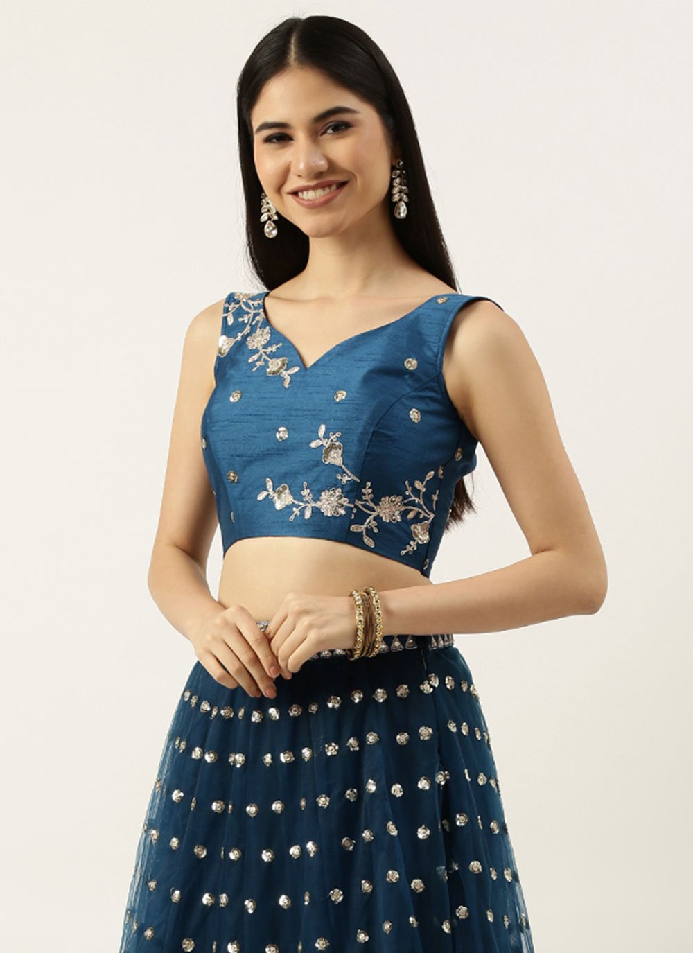 A Line Lehenga Net Blue Embroidered Lehenga Choli