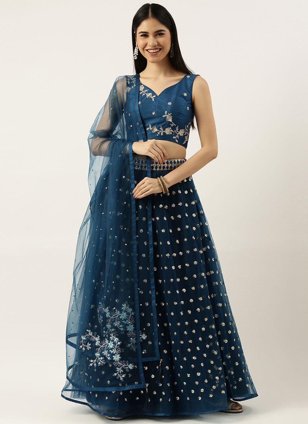 A Line Lehenga Net Blue Embroidered Lehenga Choli