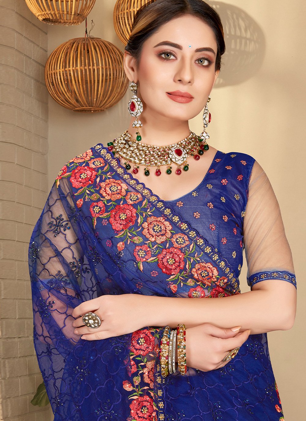 Classic Net Blue Embroidered Saree