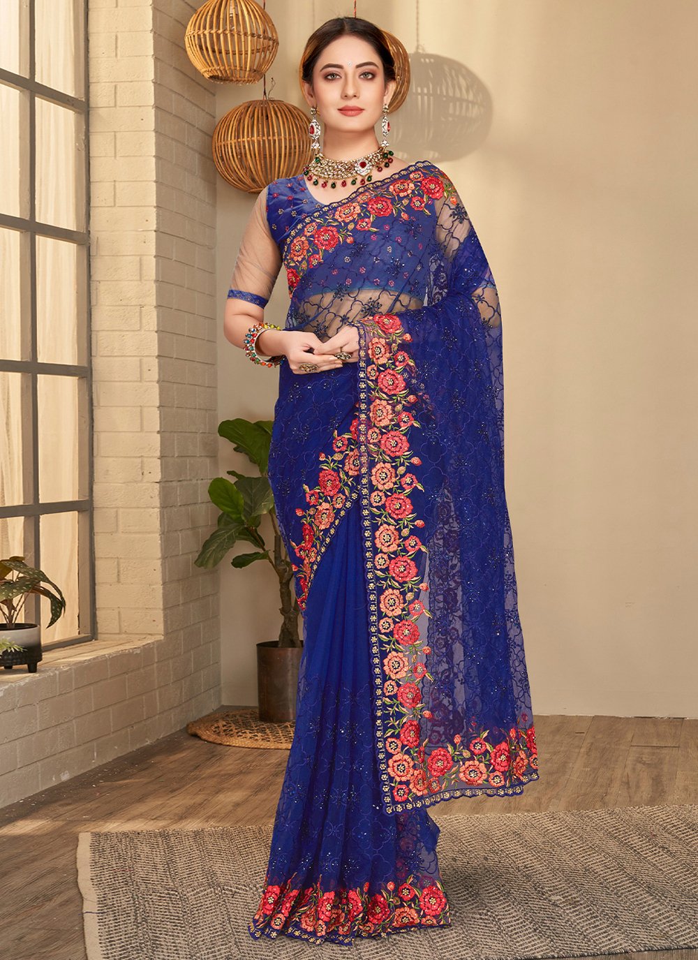 Classic Net Blue Embroidered Saree