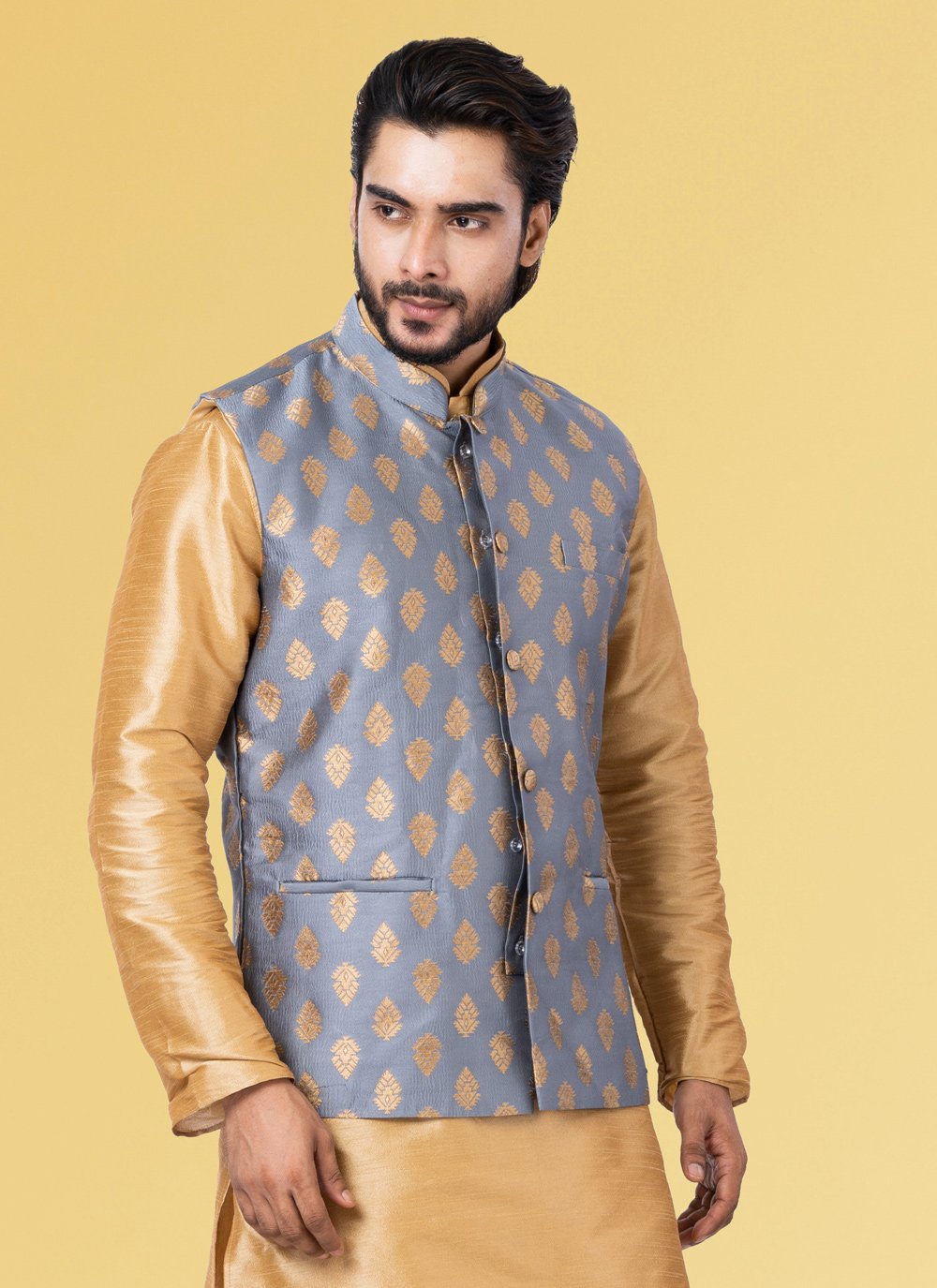 Nehru Jackets Jacquard Silk Grey Embroidered Mens