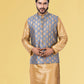 Nehru Jackets Jacquard Silk Grey Embroidered Mens