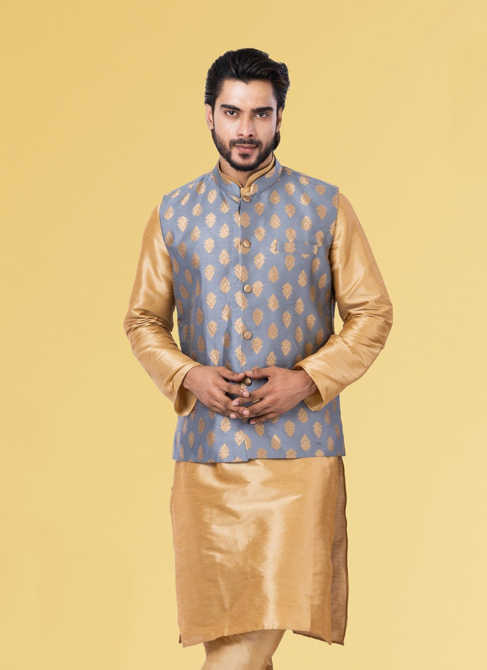 Nehru Jackets Jacquard Silk Grey Embroidered Mens