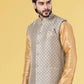 Nehru Jackets Jacquard Silk Grey Embroidered Mens