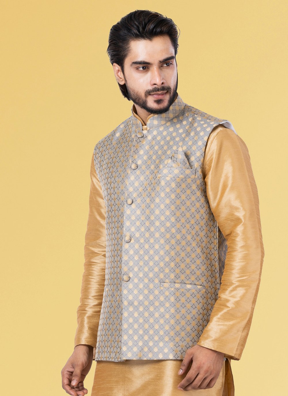 Nehru Jackets Jacquard Silk Grey Embroidered Mens