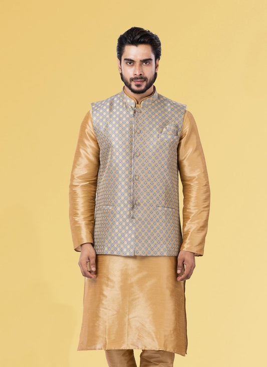 Nehru Jackets Jacquard Silk Grey Embroidered Mens