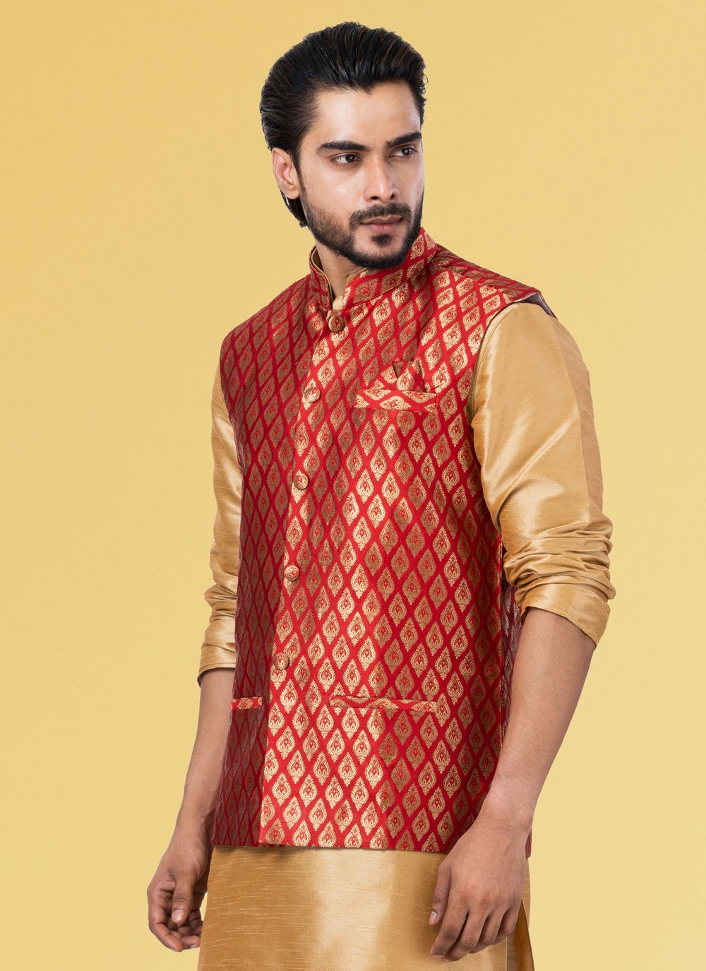 Nehru Jackets Jacquard Silk Red Embroidered Mens