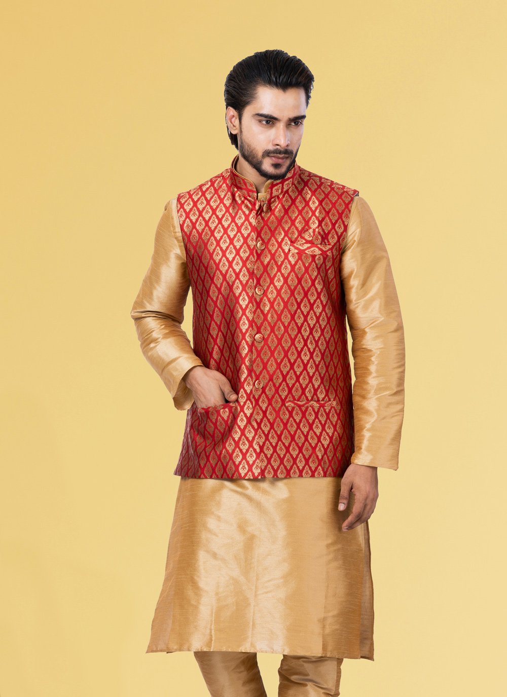 Nehru Jackets Jacquard Silk Red Embroidered Mens