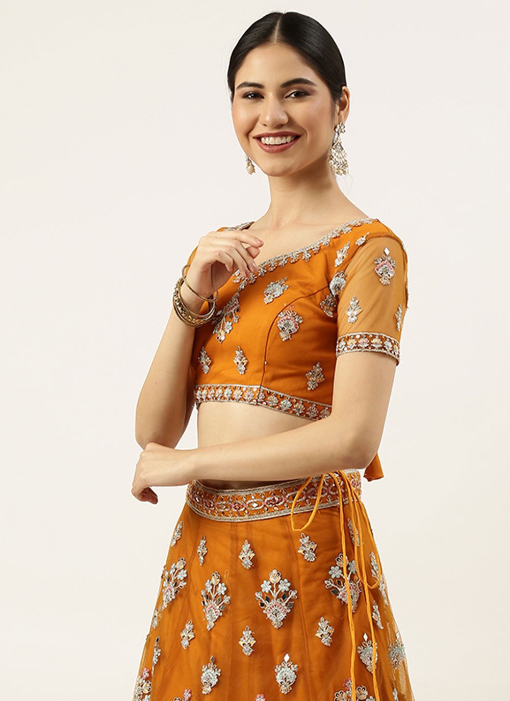 A Line Lehenga Net Orange Embroidered Lehenga Choli