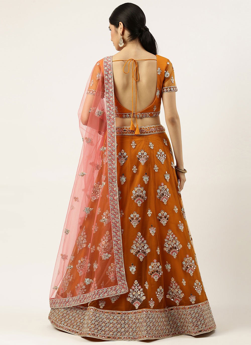 A Line Lehenga Net Orange Embroidered Lehenga Choli