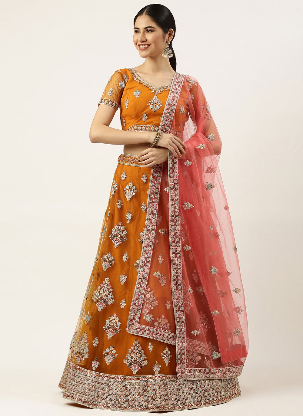 A Line Lehenga Net Orange Embroidered Lehenga Choli