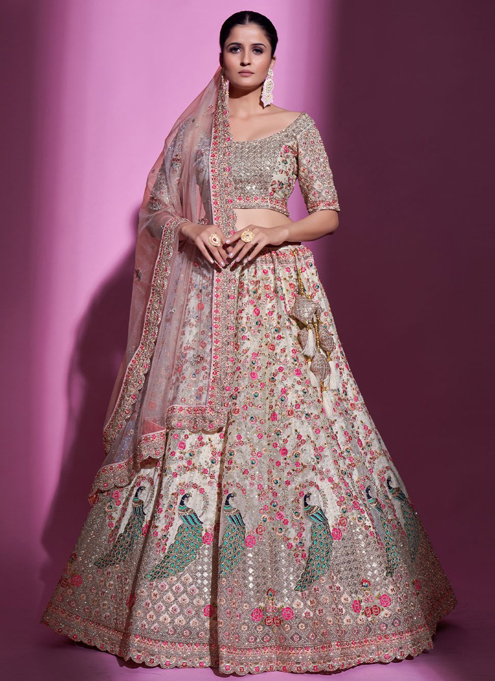 A Line Lehenga Net Cream Dori Work Lehenga Choli