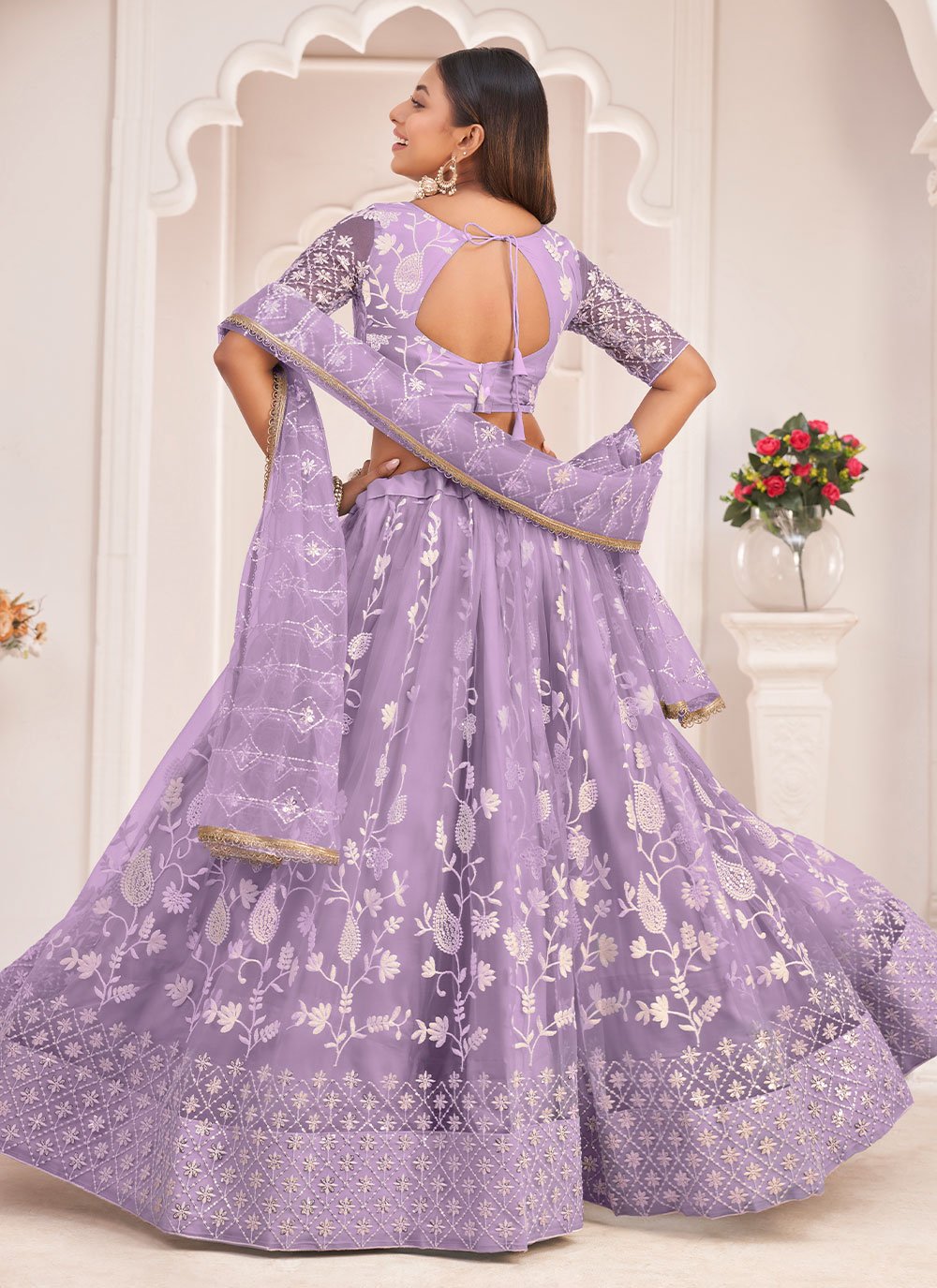 A Line Lehenga Net Lavender Embroidered Lehenga Choli