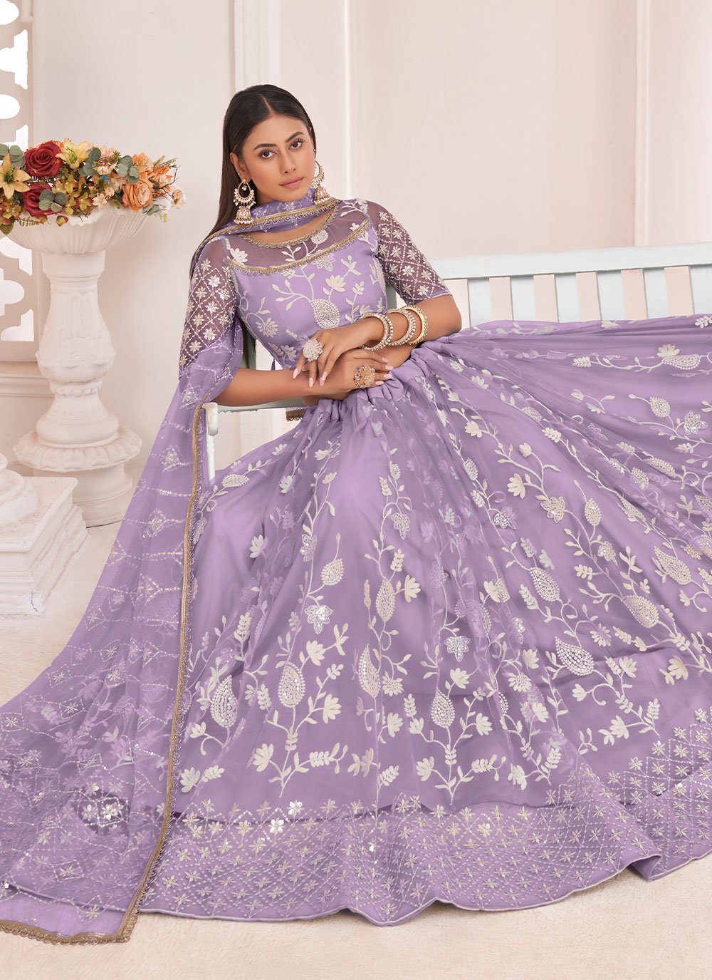 A Line Lehenga Net Lavender Embroidered Lehenga Choli