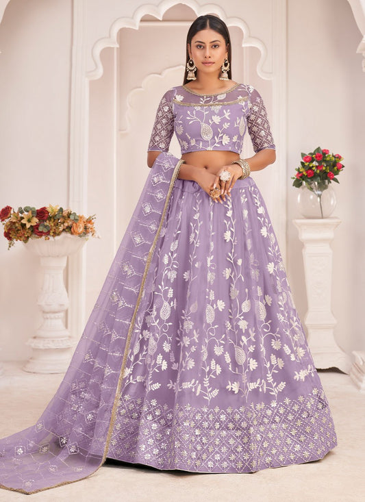 A Line Lehenga Net Lavender Embroidered Lehenga Choli