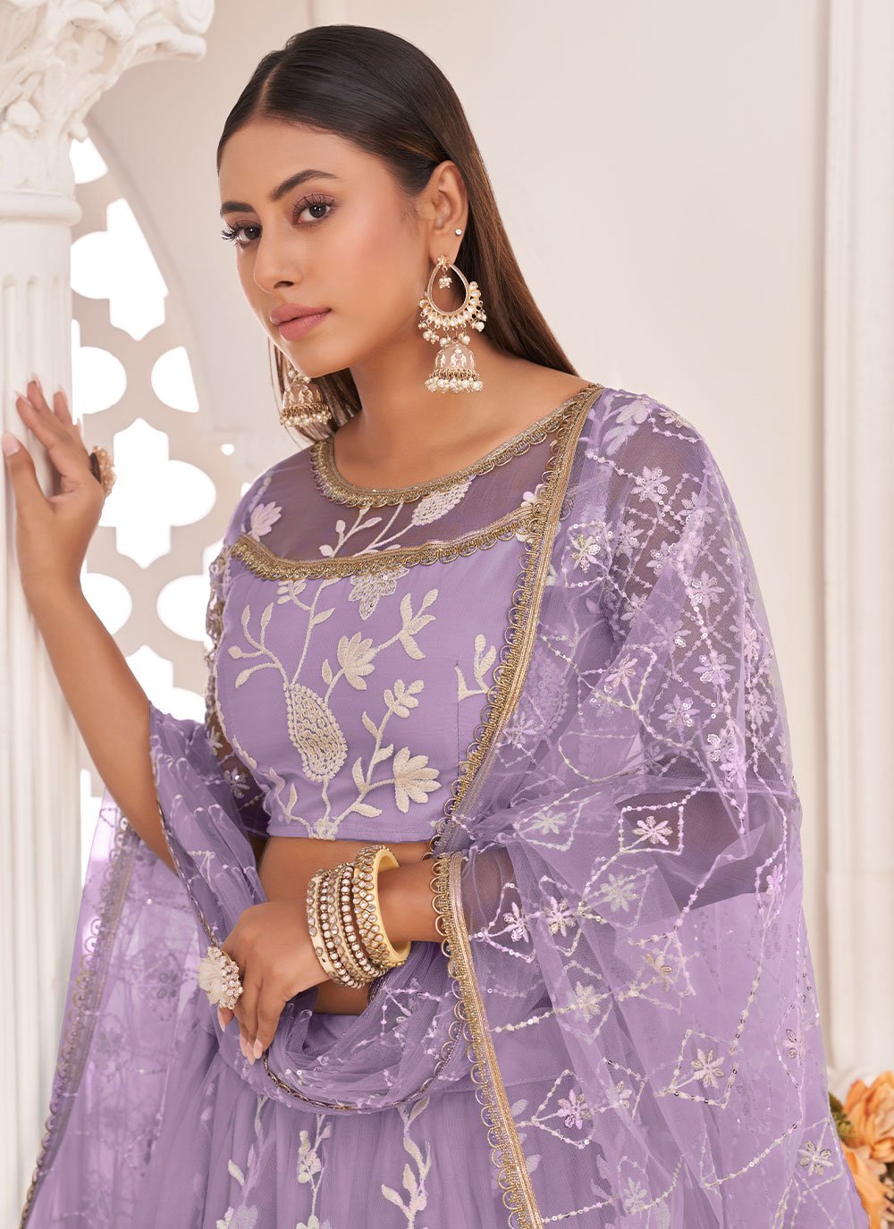 A Line Lehenga Net Lavender Embroidered Lehenga Choli