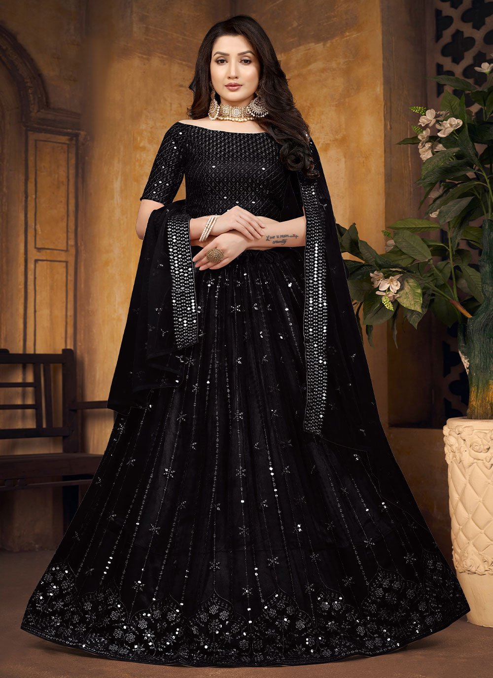 A Line Lehenga Net Black Embroidered Lehenga Choli