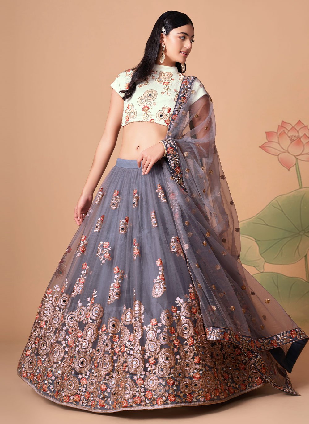 A Line Lehenga Net Grey Dori Work Lehenga Choli