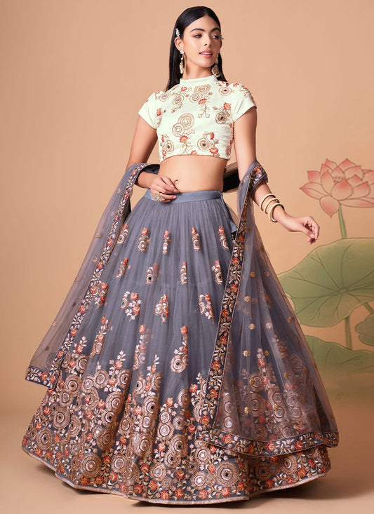 A Line Lehenga Net Grey Dori Work Lehenga Choli