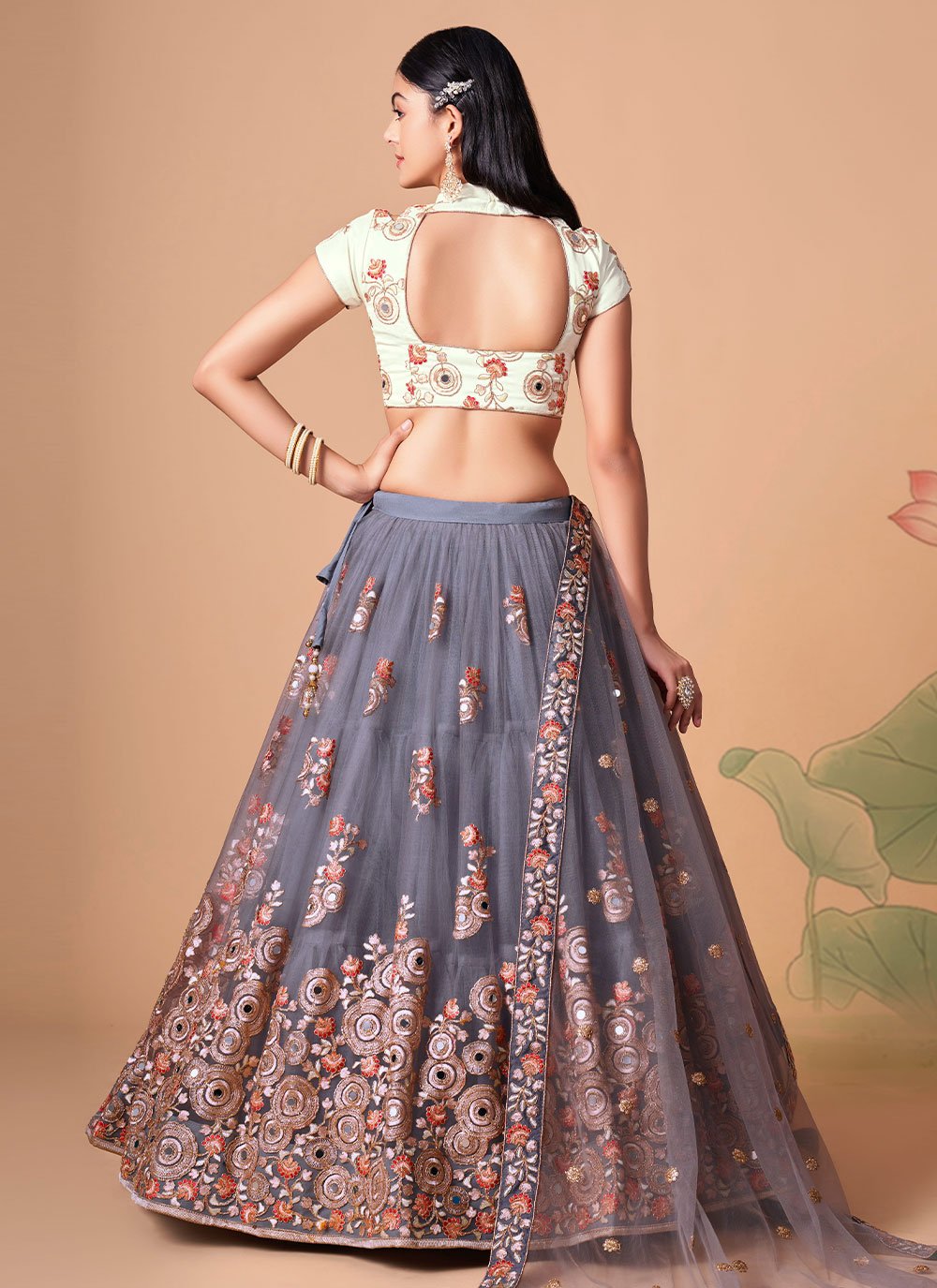 A Line Lehenga Net Grey Dori Work Lehenga Choli