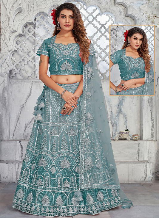 A Line Lehenga Net Aqua Blue Embroidered Lehenga Choli