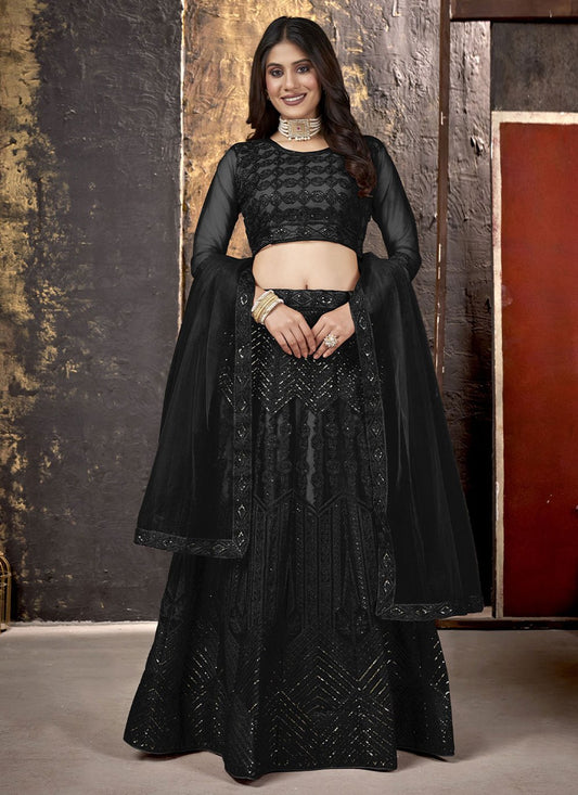 A Line Lehenga Net Black Embroidered Lehenga Choli