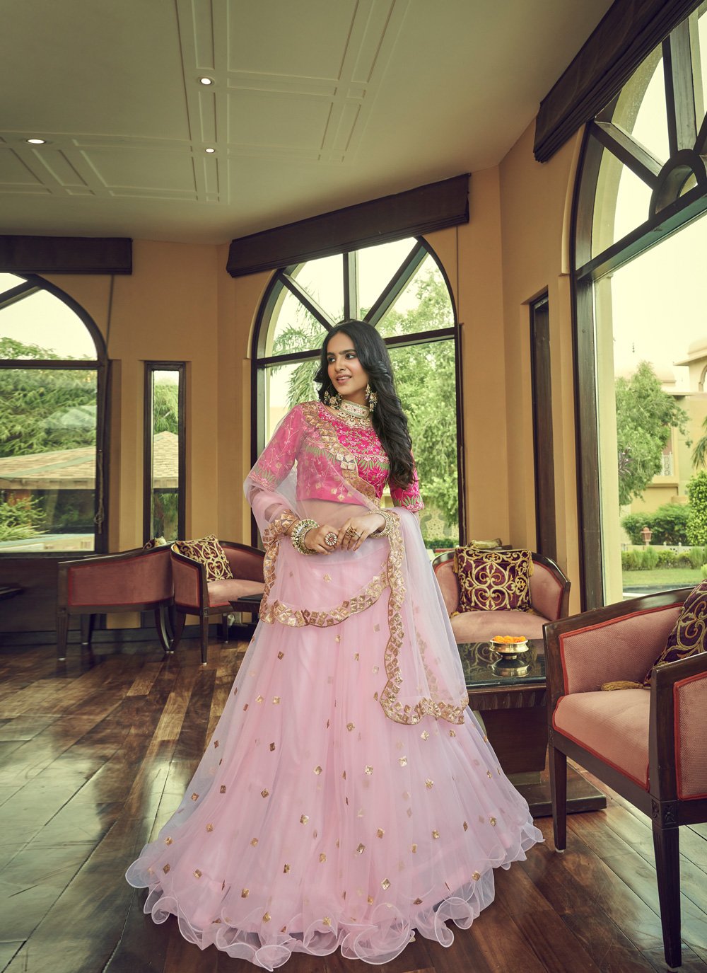 A Line Lehenga Net Pink Embroidered Lehenga Choli