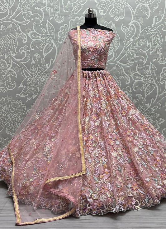 A Line Lehenga Net Pink Embroidered Lehenga Choli