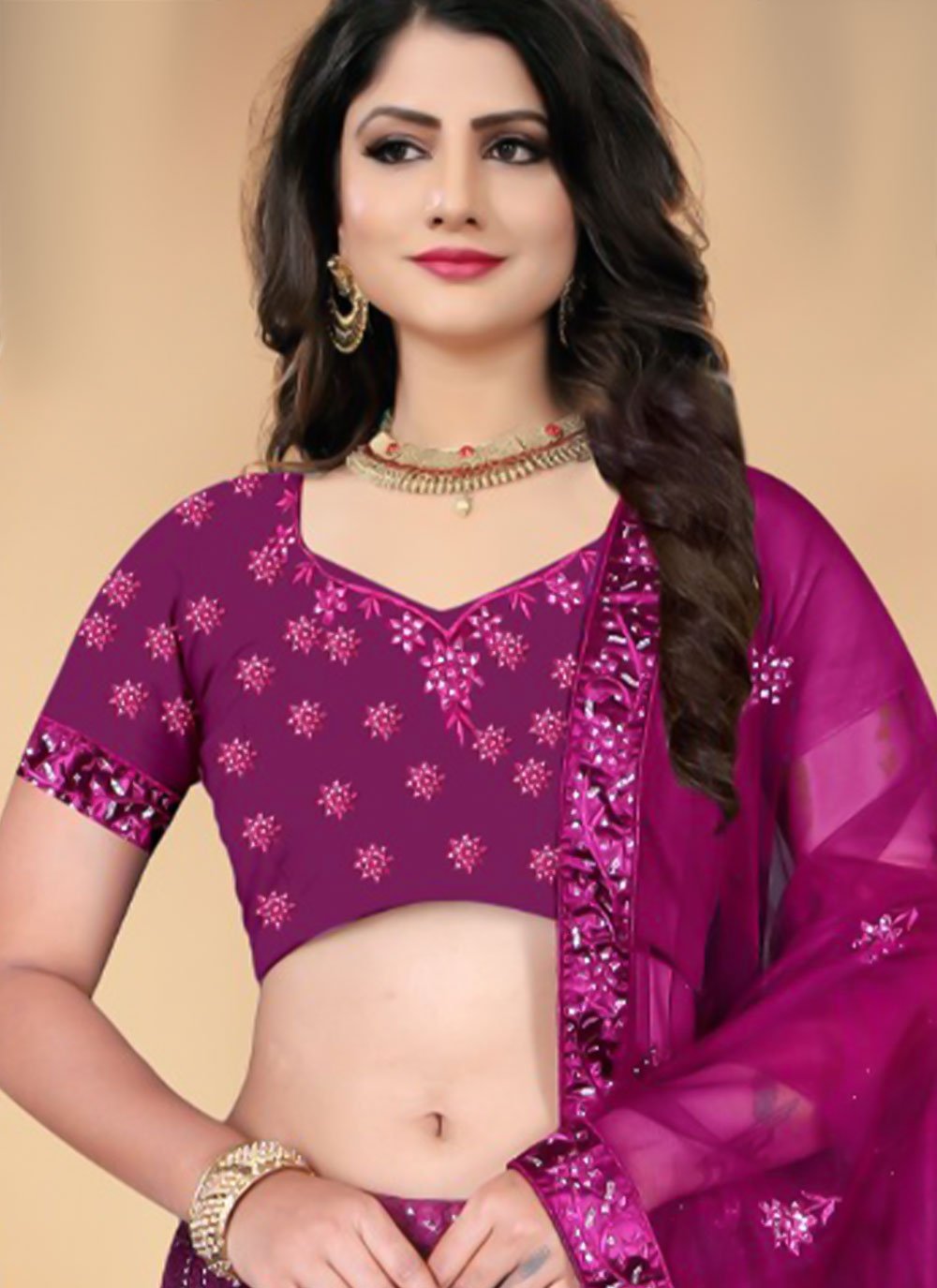 A Line Lehenga Net Purple Sequins Lehenga Choli