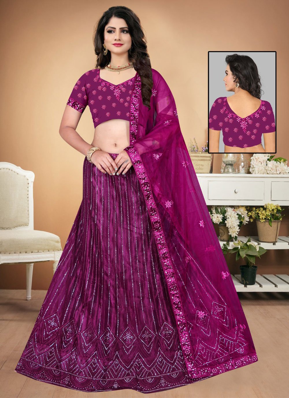 A Line Lehenga Net Purple Sequins Lehenga Choli