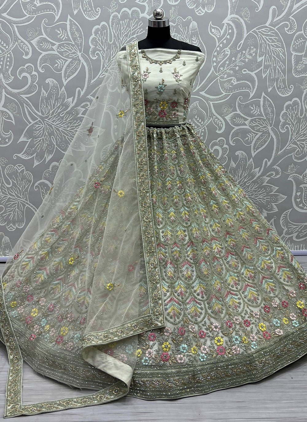 A Line Lehenga Net Sea Green Diamond Lehenga Choli