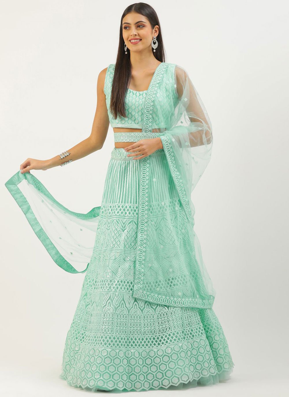 A Line Lehenga Net Turquoise Embroidered Lehenga Choli