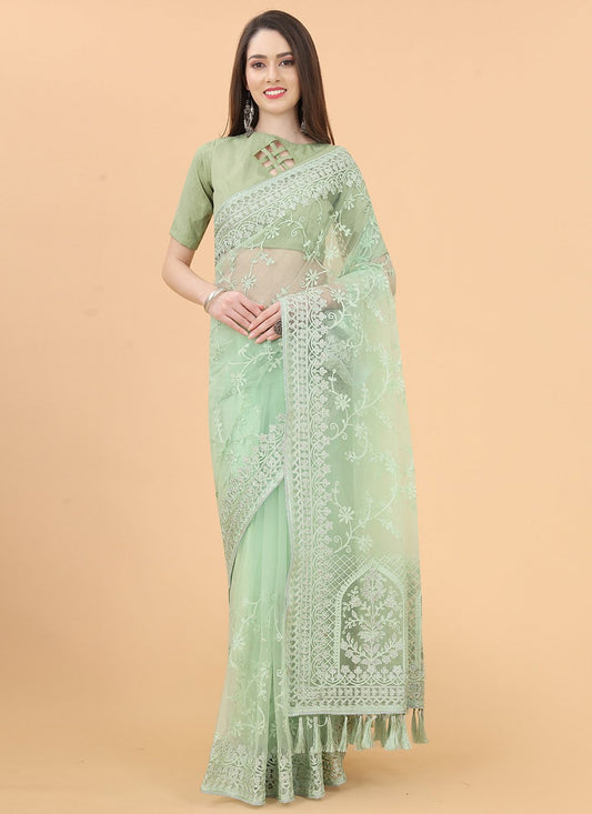 Designer Net Sea Green Aari Work Saree