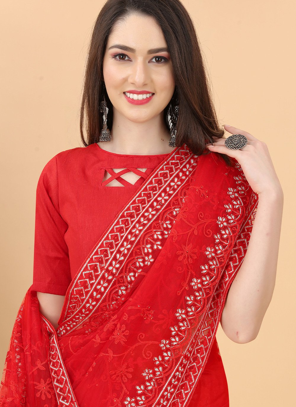 Traditional Saree Net Red Aari Work Saree