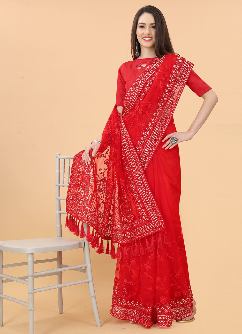 Traditional Saree Net Red Aari Work Saree