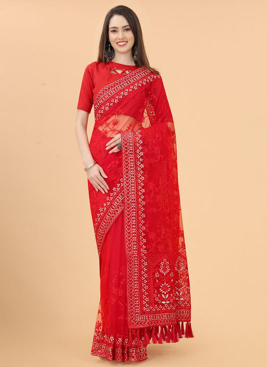 Traditional Saree Net Red Aari Work Saree