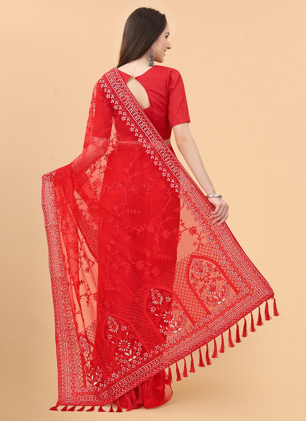 Traditional Saree Net Red Aari Work Saree