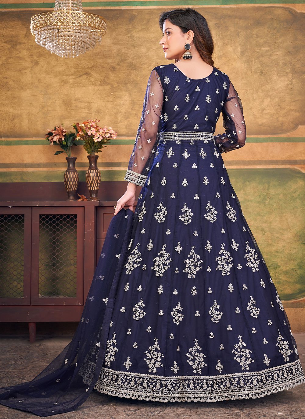 Anarkali Suit Net Blue Embroidered Salwar Kameez