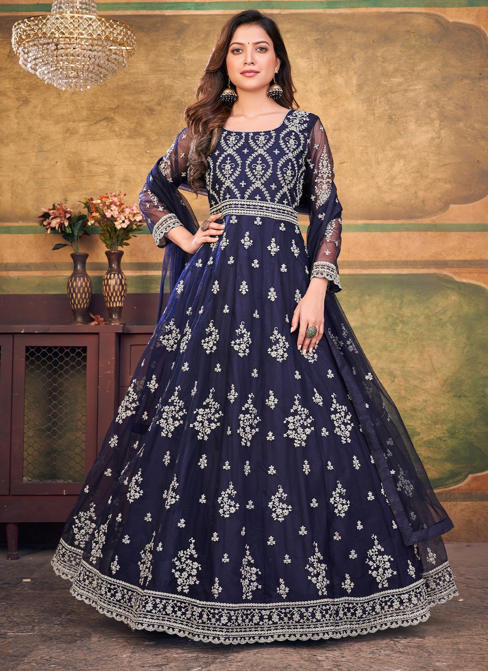 Anarkali Suit Net Blue Embroidered Salwar Kameez