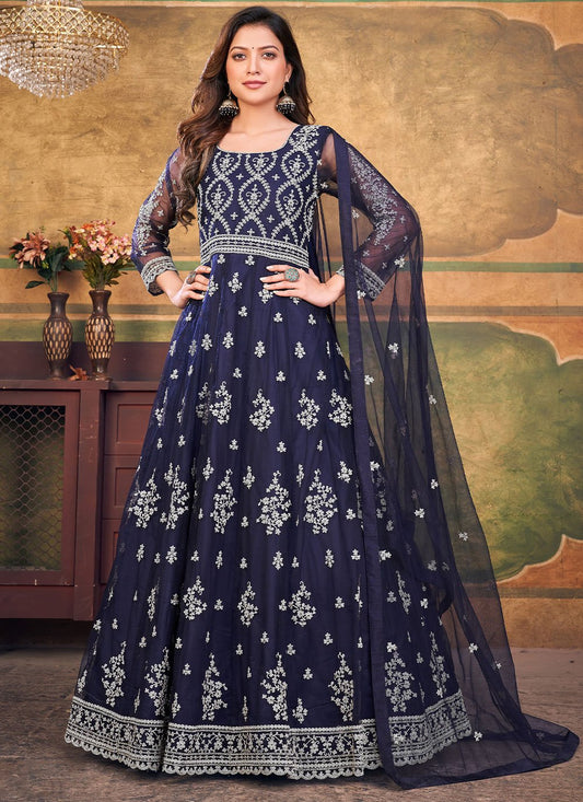 Anarkali Suit Net Blue Embroidered Salwar Kameez