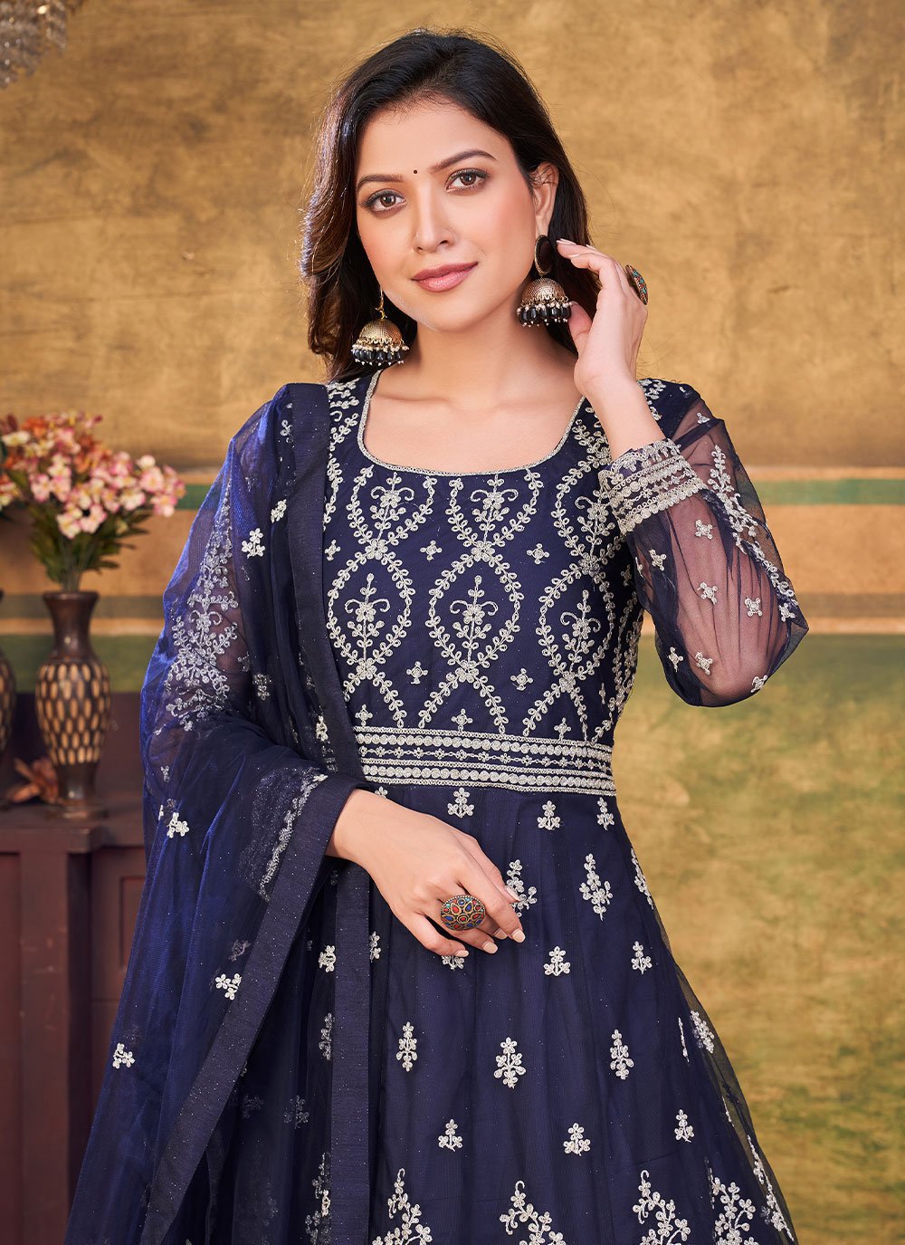 Anarkali Suit Net Blue Embroidered Salwar Kameez