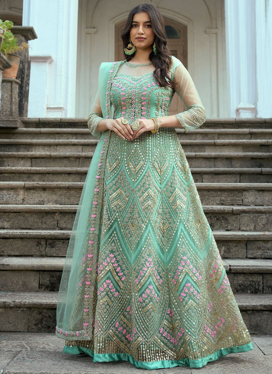 Anarkali Suit Net Sea Green Embroidered Salwar Kameez