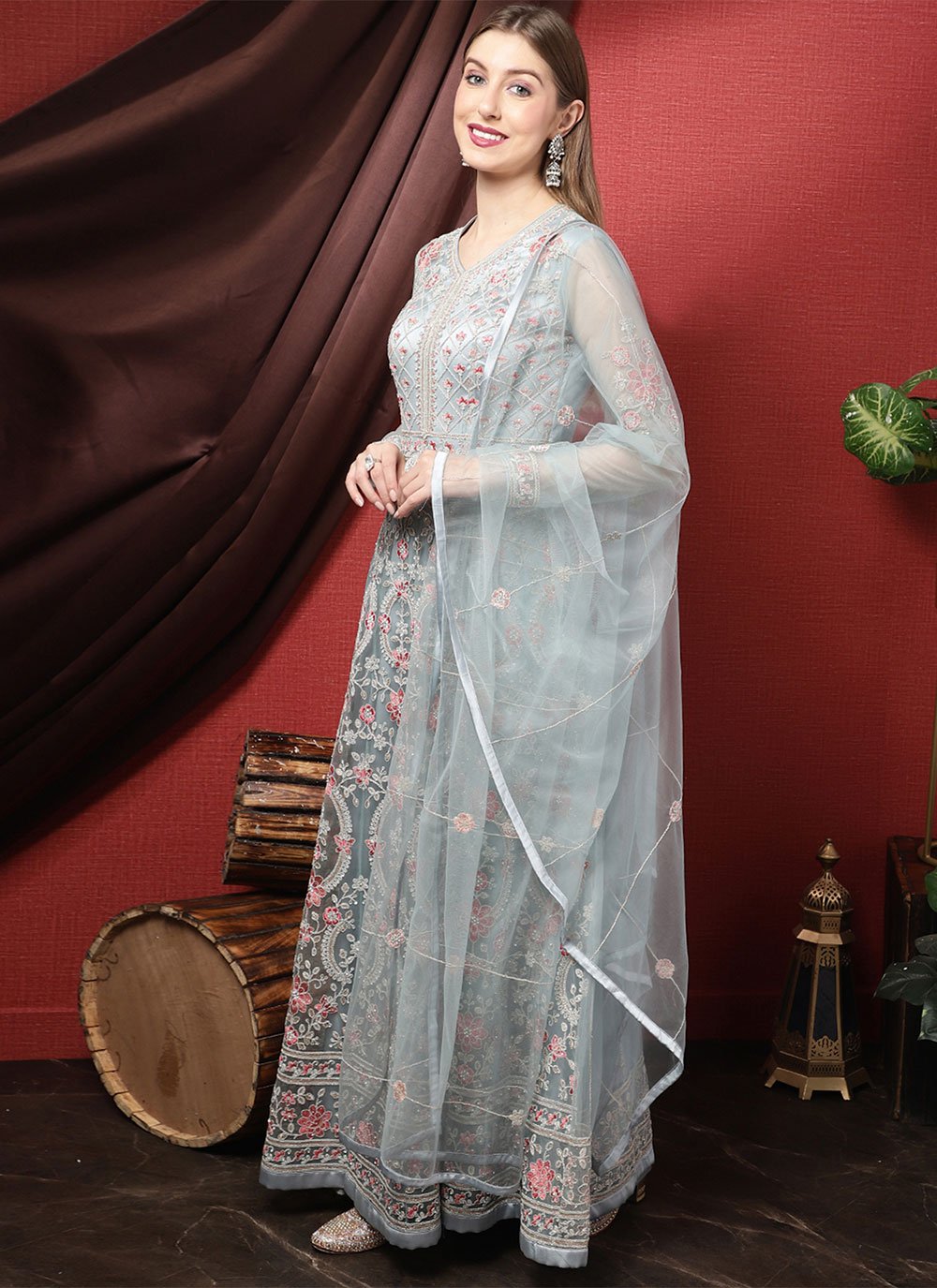 Anarkali Suit Net Aqua Blue Embroidered Salwar Kameez