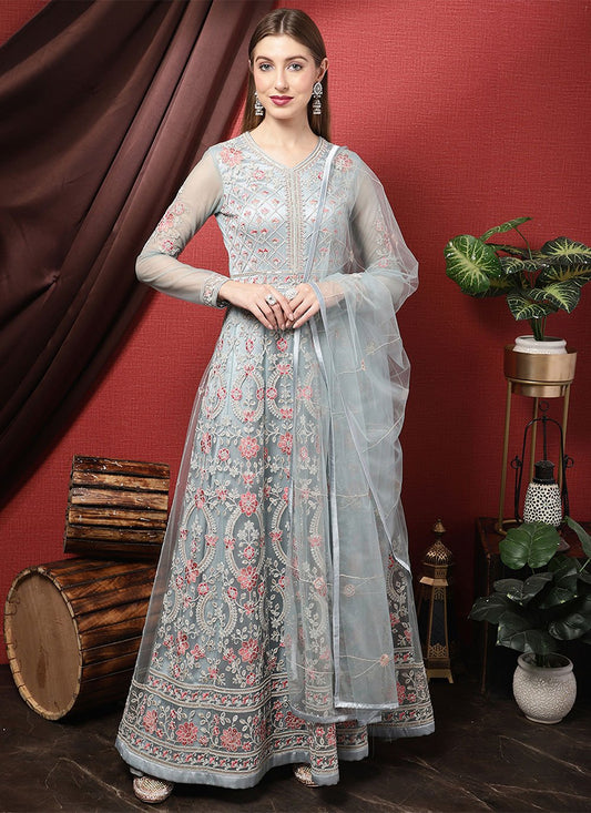 Anarkali Suit Net Aqua Blue Embroidered Salwar Kameez