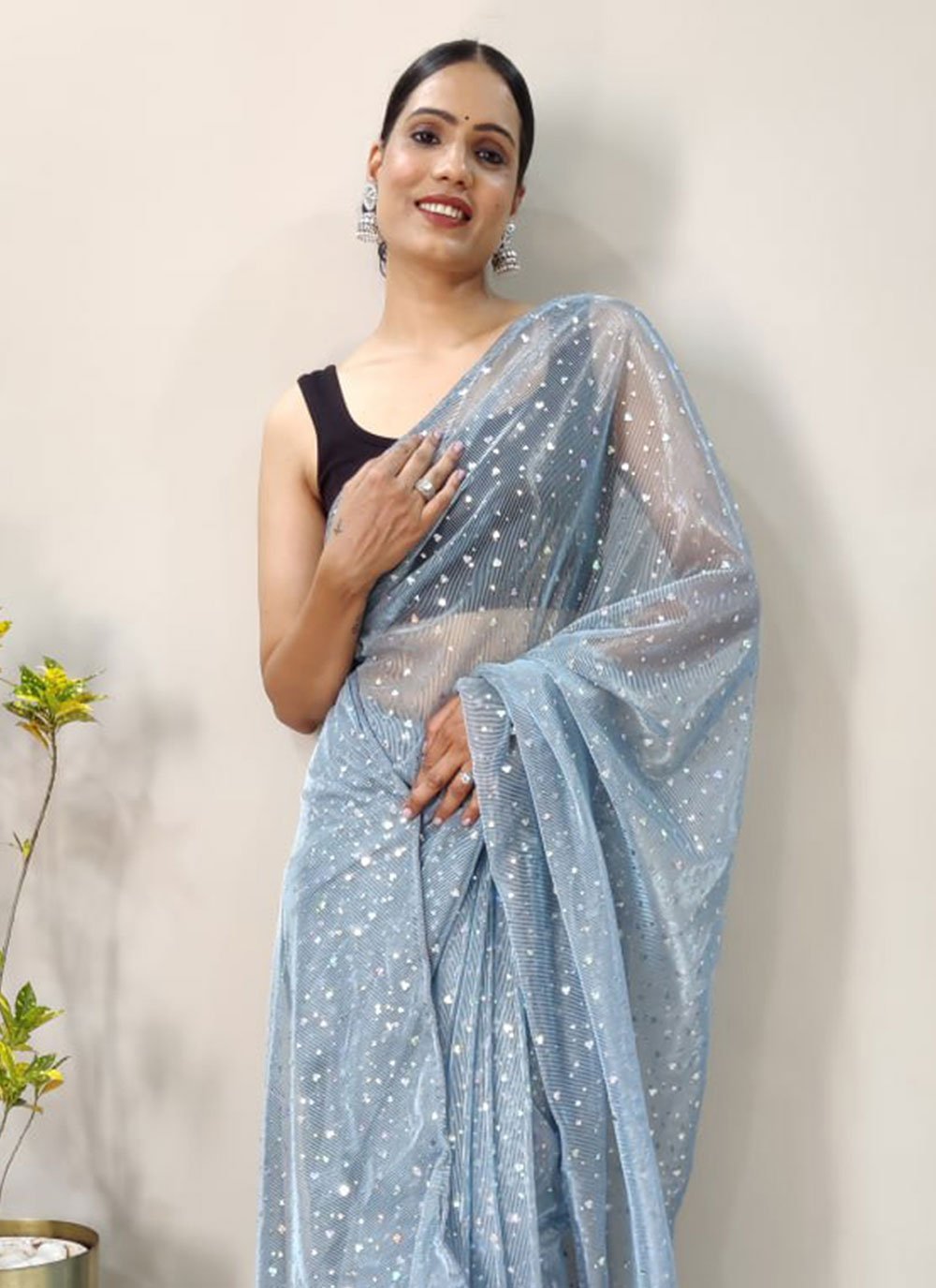 Classic Net Aqua Blue Sequins Saree