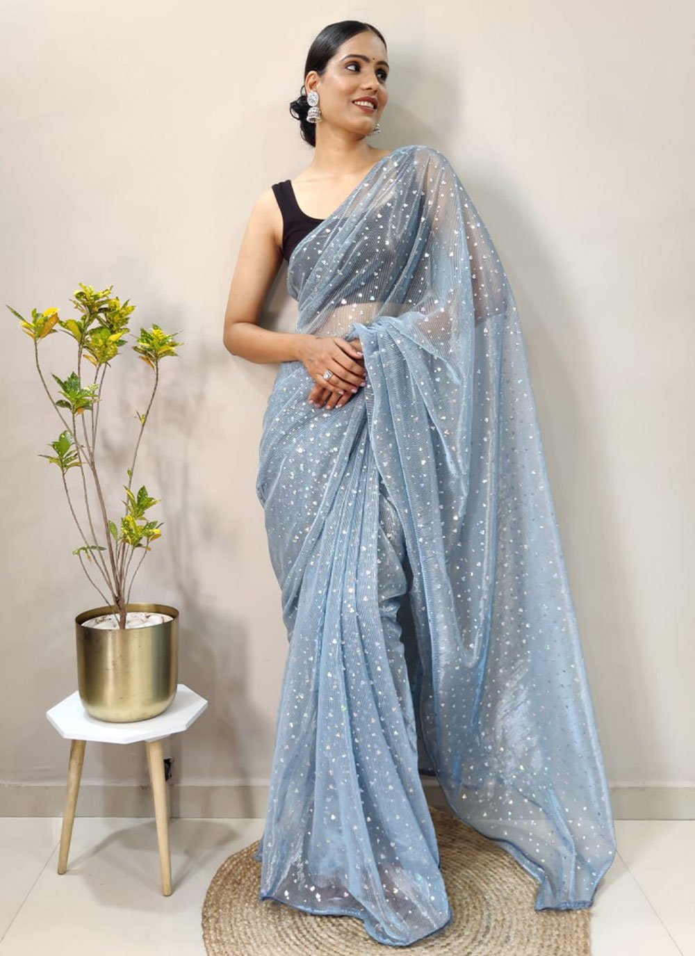 Classic Net Aqua Blue Sequins Saree